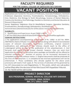 New Gomal College of Dentistry DI Khan Jobs 2024 